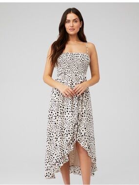 Lush Black Polka Dot Cream High-Low Smocked Dress